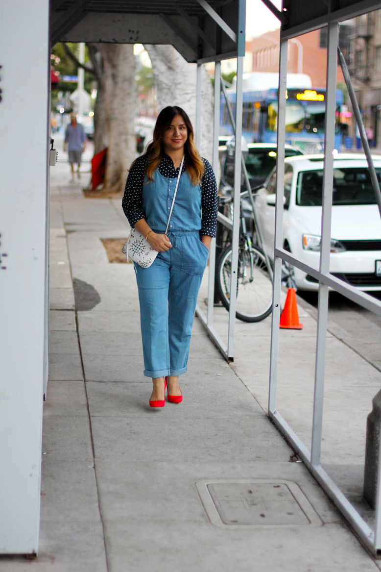 Rossana Vanoni Santa Monica Main Street Hinge Chambray Jumpsuit/Overalls, Old Navy Poplin Black Dots Shirt , SJP Lady Pumps, Rebecca Minkoff Ascher Crossbody Bag