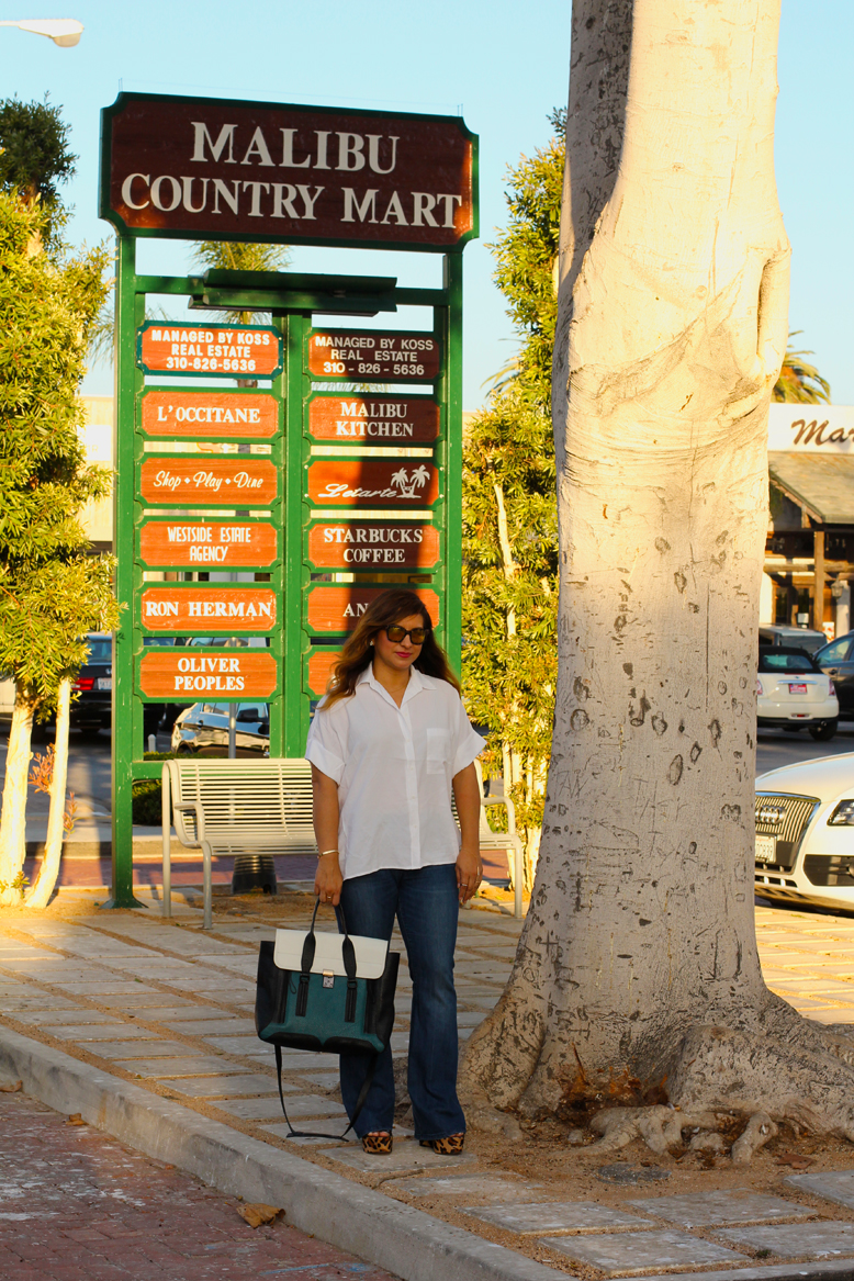 Rossana Vanoni - Malibu Country Mart Urban Outfitter jeans & button down shirt & Ring-To-Wrist Bracelet, 3.1 Phillip Lim bag, Christian Louboutin wedges, Kate Spade necklace