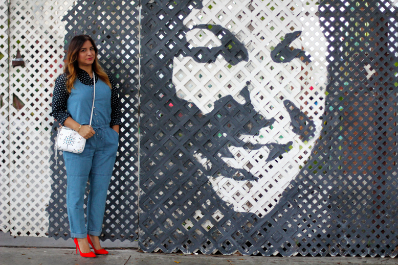 Rossana Vanoni Santa Monica Main Street Hinge Chambray Jumpsuit/Overalls, Old Navy Poplin Black Dots Shirt , SJP Lady Pumps, Rebecca Minkoff Ascher Crossbody Bag