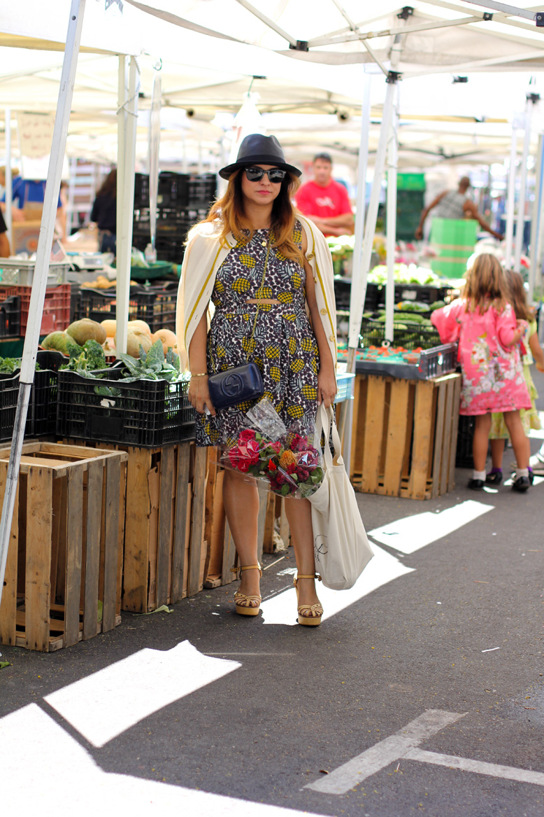 Rossana Vanoni Pacific Palisades Farmers Market, Topshop Pineapple print dress, Gucci Soho mini bag, Marc Jacobs wedges, Urban Outfitters ring to wrist bracelet, Chanel Love Bracelet, Ray Ban Wayfarer