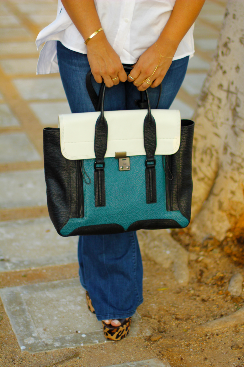 Rossana Vanoni - Malibu Country Mart Urban Outfitter jeans & button down shirt & Ring-To-Wrist Bracelet, 3.1 Phillip Lim bag, Christian Louboutin wedges, Kate Spade necklace