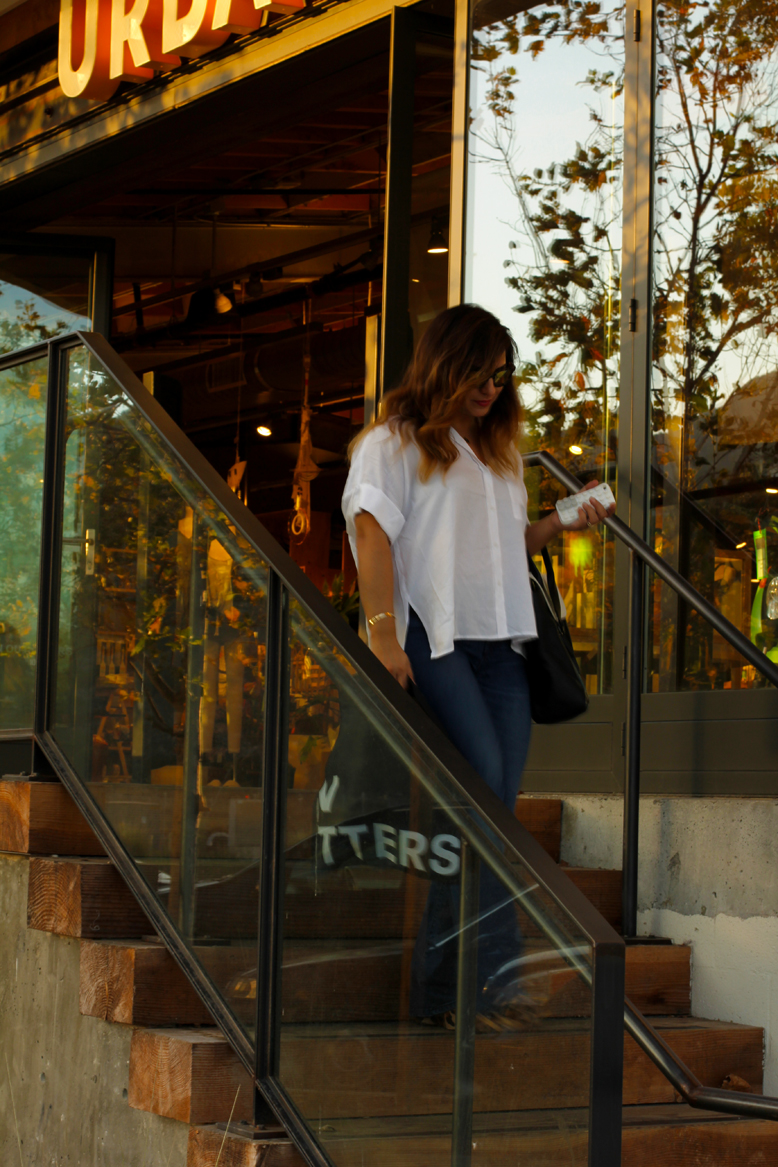 Rossana Vanoni - Malibu Country Mart Urban Outfitter jeans & button down shirt & Ring-To-Wrist Bracelet, 3.1 Phillip Lim bag, Christian Louboutin wedges, Kate Spade necklace