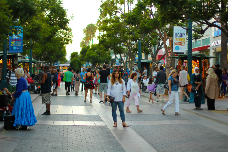 Rossana Vanoni Santa Monica Third Street Promenade, J. Crew button down shirt, Urban Outfitters skinny jeans & bag & necklace,  Chinese Laundry sandals, Cartier watch & bracelet