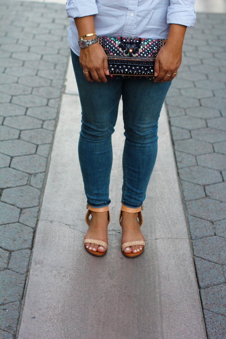 Rossana Vanoni Santa Monica Third Street Promenade, J. Crew button down shirt, Urban Outfitters skinny jeans & bag & necklace,  Chinese Laundry sandals, Cartier watch & bracelet