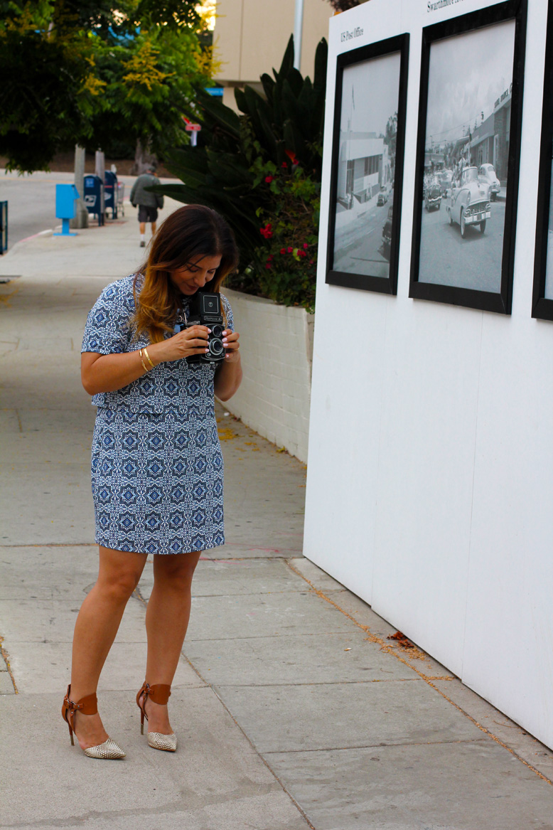 Rossana Vanoni Pacific Palisades Topshop tile print dress & Tassel leather clutch, Dolce Vita Knoxx heels, H&M bracelet, Cartier Love bracelet, Yashica A vintage camera