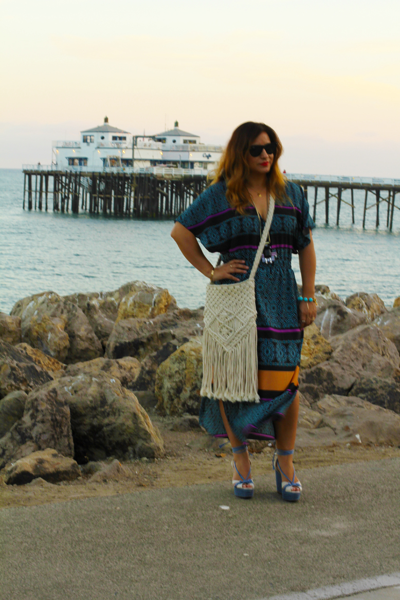 Rossana Vanoni - Malibu Pier Like Mynded Print Caftan Midi Dress, Christian Louboutin Espadrille, Urban Outfitters Crystal Leaves Drop Earring,  Cartier Love Bracelet