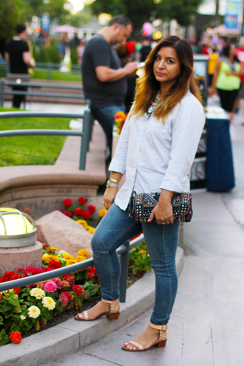 Rossana Vanoni Santa Monica Third Street Promenade, J. Crew button down shirt, Urban Outfitters skinny jeans & bag & necklace,  Chinese Laundry sandals, Cartier watch & bracelet