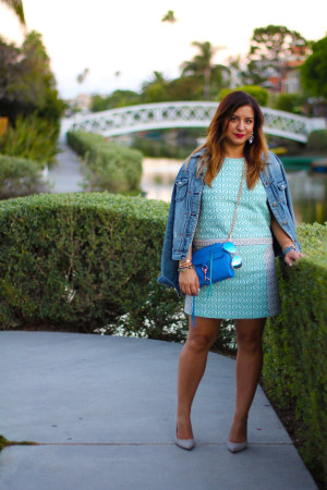 Rossana Vanoni Topshop Colorblock Jacquard Shell Top and Colorblock Jacquard Skirt, J. Crew denim jacket, Rebecca Minkoff 'MAC' Convertible Crossbody Clutch, SJP 'Fawn' gray suede pumps, Ray Ban mirrored Aviators, Baublebar Aztec drop earrings, Rebecca Minkoff 'Dog Clip' leather bracelet