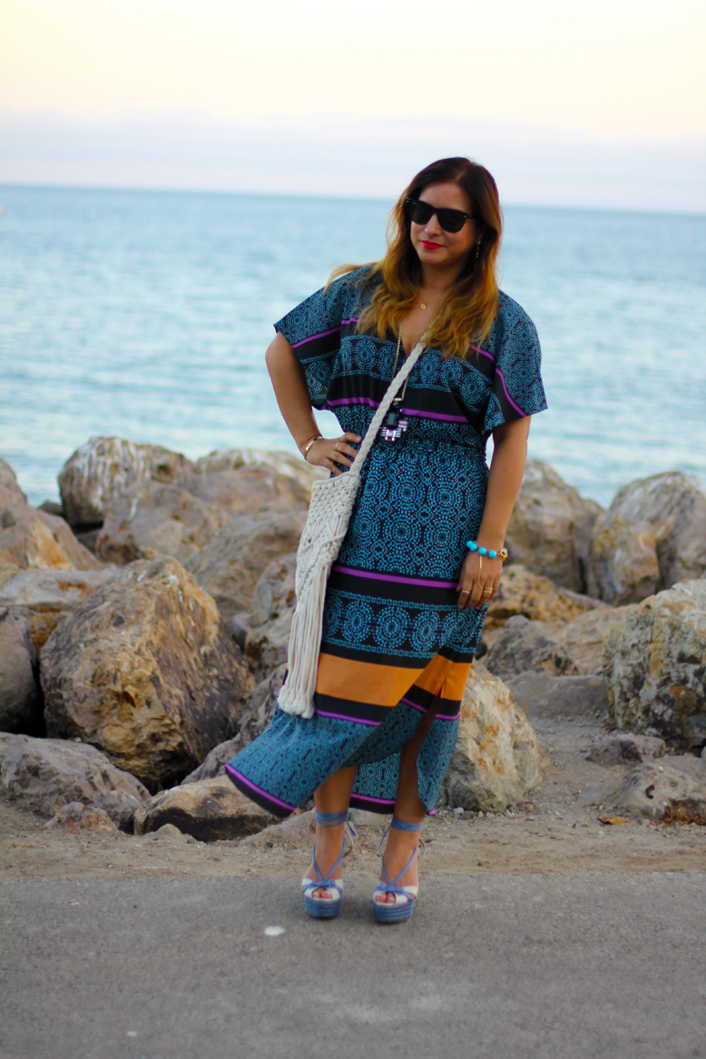 Rossana Vanoni - Malibu Pier Like Mynded Print Caftan Midi Dress, Christian Louboutin Espadrille, Urban Outfitters Crystal Leaves Drop Earring,  Cartier Love Bracelet