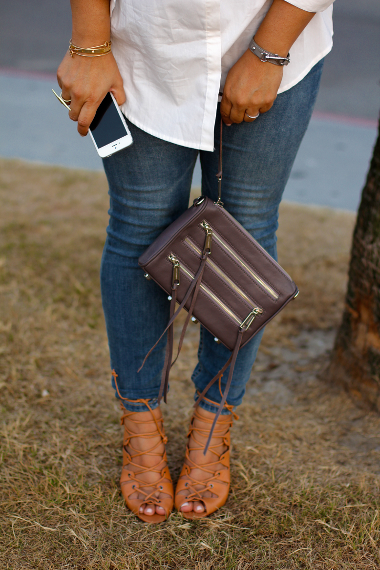 Rossana Vanoni - Urban Outfitters button down shirt & jeans & necklace & ring, Rebecca Minkoff bag & 'Dog Clip' bracelet, Schutz heel sandals