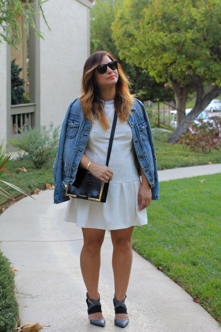 Rossana Vanoni Fall Season Outfit - Topshop dress, J. Crew jacket, Ted Baker London bag, Joe's pointy toe pumps