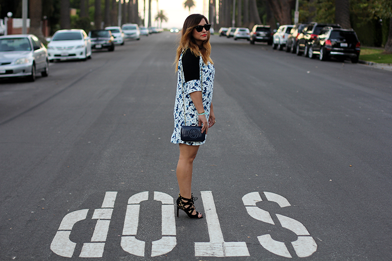 Rossana Vanoni date night outfit in Santa Monica, French Connection dress, Dolce Vita sandals, Gucci Soho bag