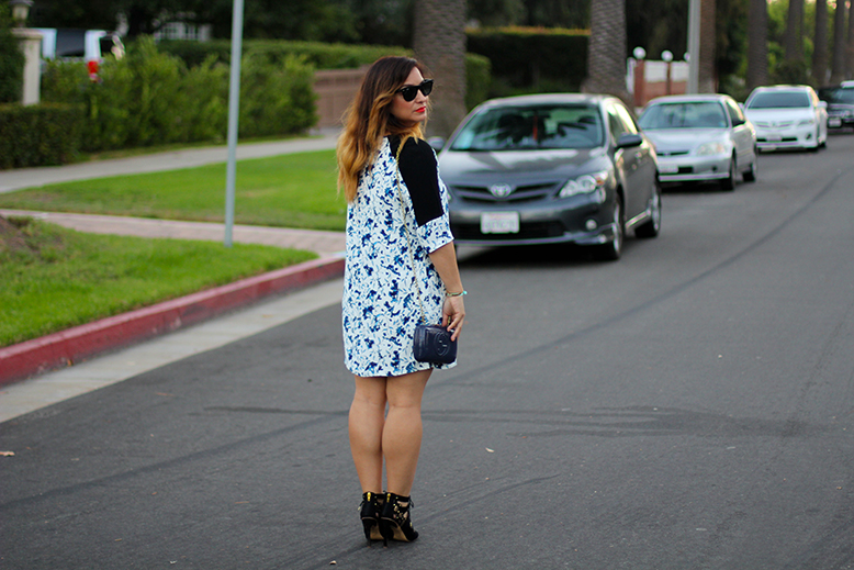 Rossana Vanoni date night outfit in Santa Monica, French Connection dress, Dolce Vita sandals, Gucci Soho bag