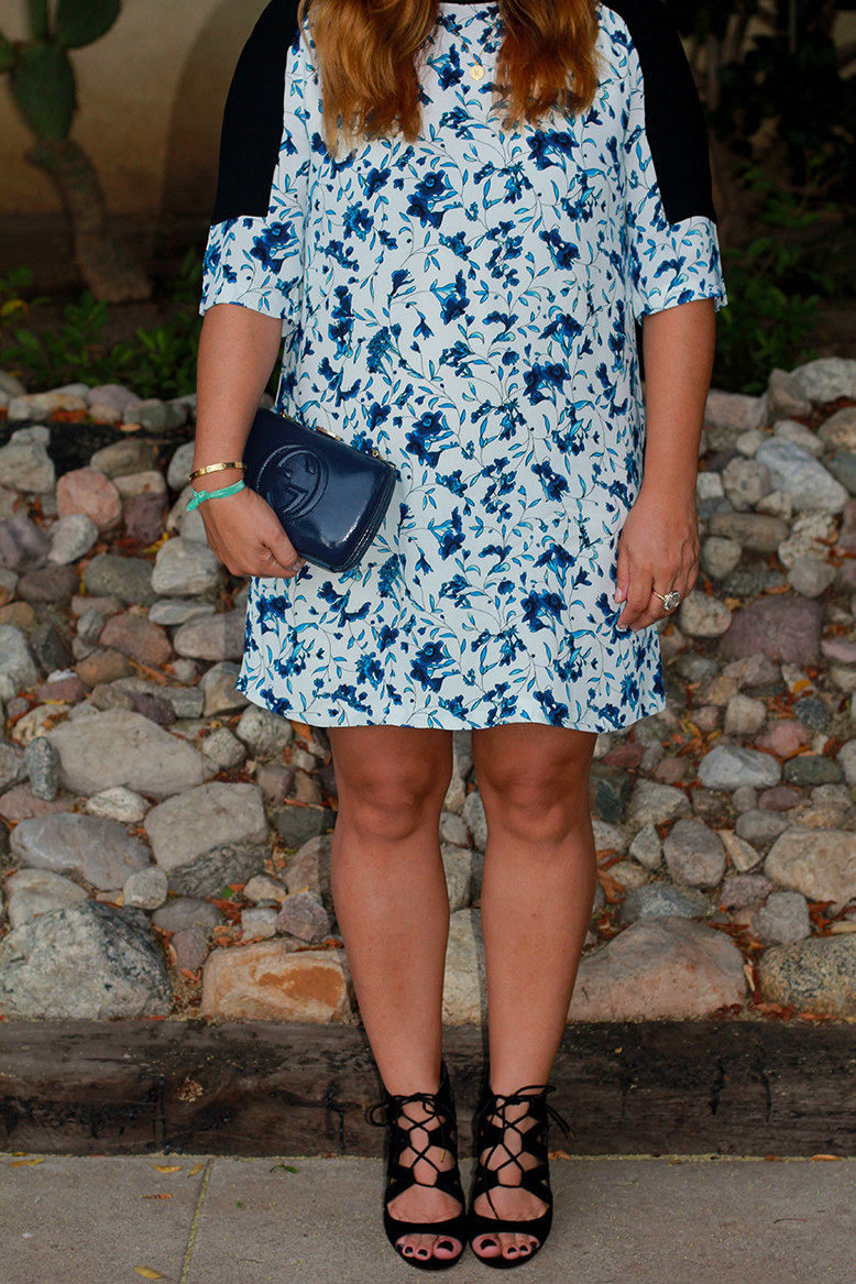 Rossana Vanoni date night outfit in Santa Monica, French Connection dress, Dolce Vita sandals, Gucci Soho bag