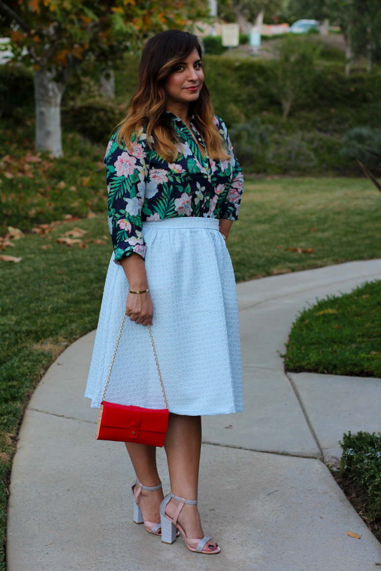 Rossana Vanoni pastel kind of outfit, Old Navy shirt, Topshop skirt, Carolinna Espinosa sandals, Ray Ban sunglasses, Halogen wallet on a chain