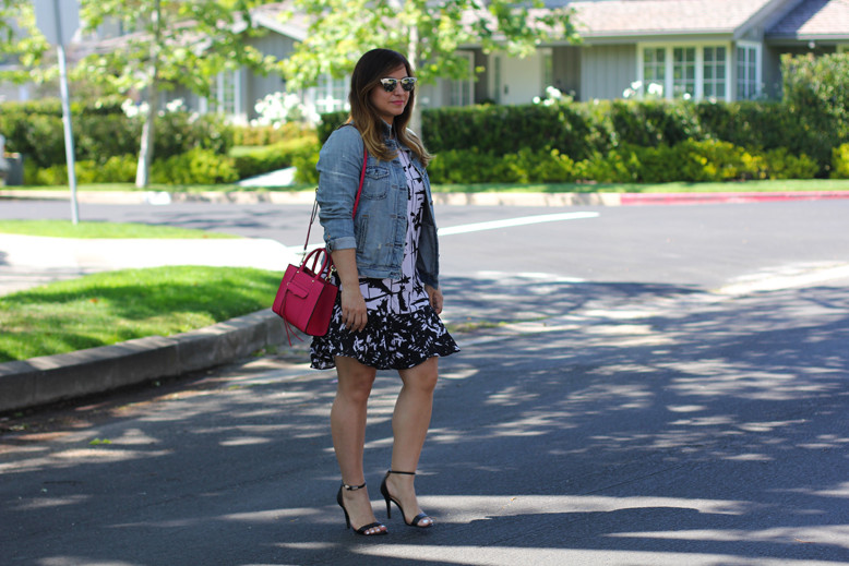 Lilac dress outfit with a denim jacket