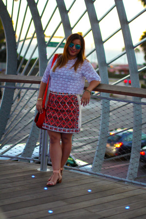 Rossana Vanoni - Topshop top and skirt, French Connection bag, Chinese Laundry sandals, Ray Ban mirrored Aviators, Cartier Love bracelet, Urban Outfitters 3-piece bracelets and earrings
