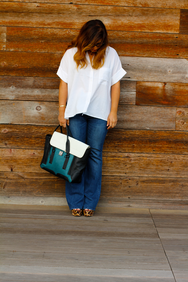 Rossana Vanoni - Malibu Country Mart Urban Outfitter jeans & button down shirt & Ring-To-Wrist Bracelet, 3.1 Phillip Lim bag, Christian Louboutin wedges, Kate Spade necklace