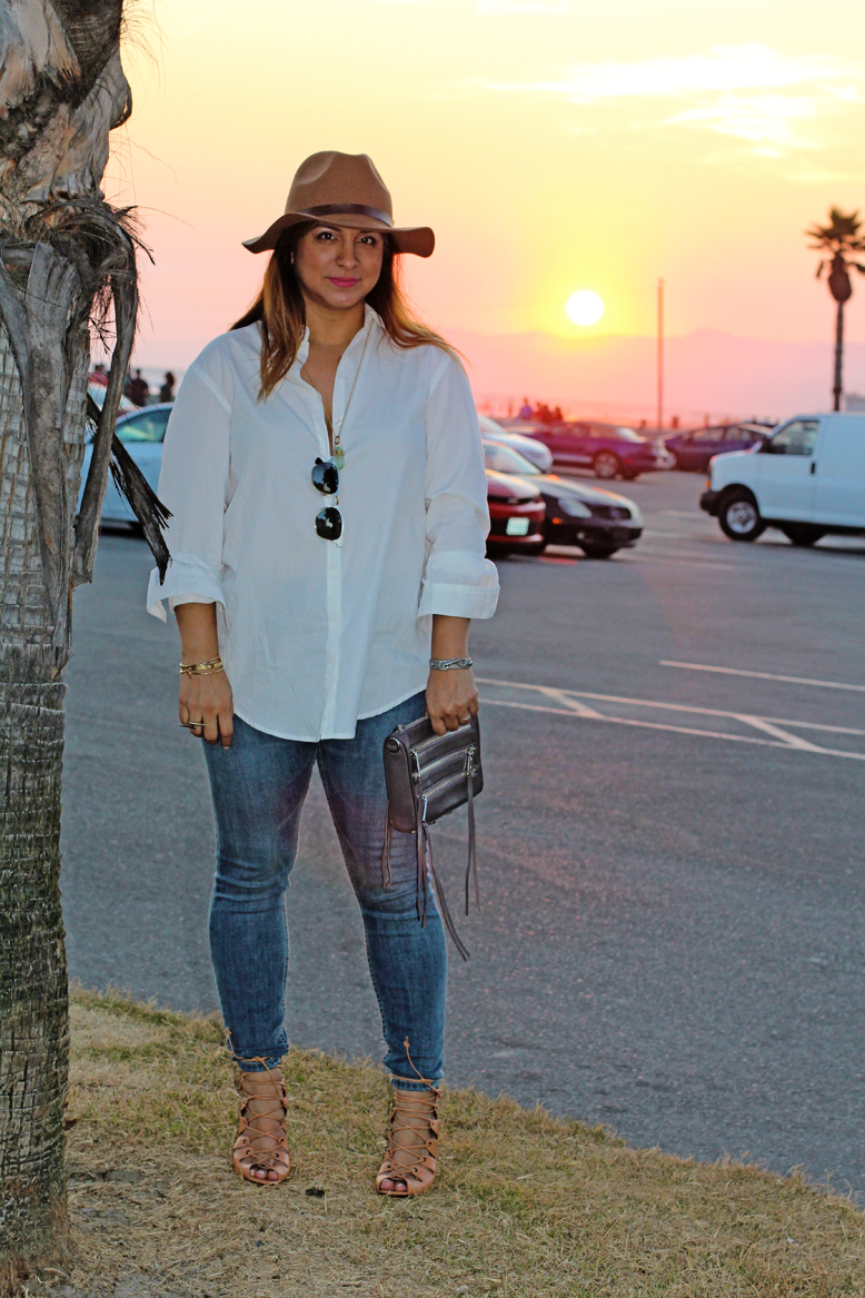 Rossana Vanoni - Sunset on Venice Boardwalk, Urban Outfitters button down shirt & jeans & necklace & ring, Rebecca Minkoff bag & 'Dog Clip' bracelet, Schutz heel sandals, H&M hat, Ray Ban ClubMaster sunnies