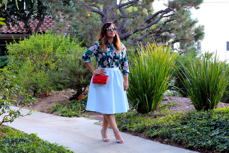 Rossana Vanoni pastel kind of outfit, Old Navy shirt, Topshop skirt, Carolinna Espinosa sandals, Ray Ban sunglasses, Halogen wallet on a chain