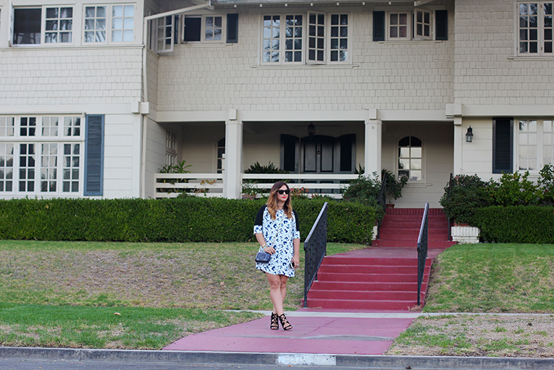Rossana Vanoni date night outfit in Santa Monica, French Connection dress, Dolce Vita sandals, Gucci Soho bag