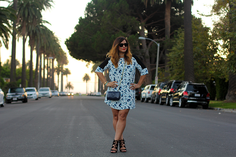 Rossana Vanoni date night outfit in Santa Monica, French Connection dress, Dolce Vita sandals, Gucci Soho bag